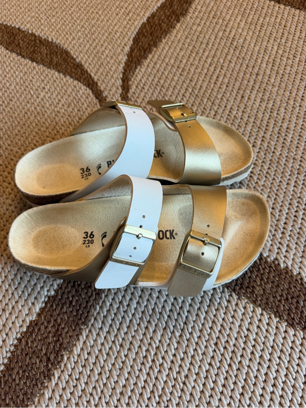 Birkenstock Two-Strap Sandals in White and Gold